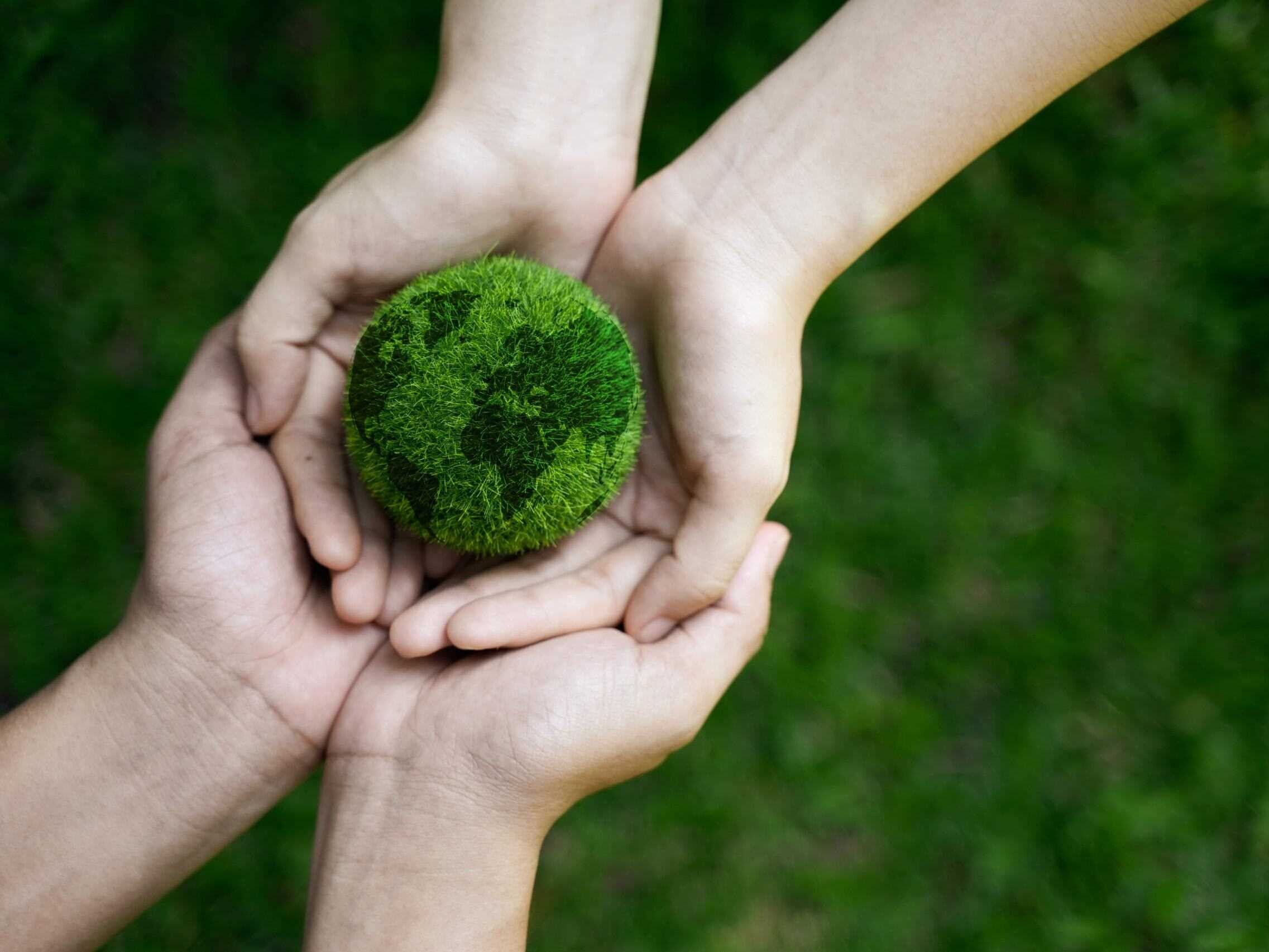 Hands holding earth made out of grass