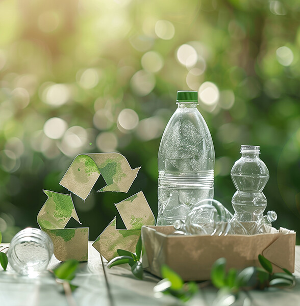 Plastic bottles on a table, in the background a fuzzy rainforest