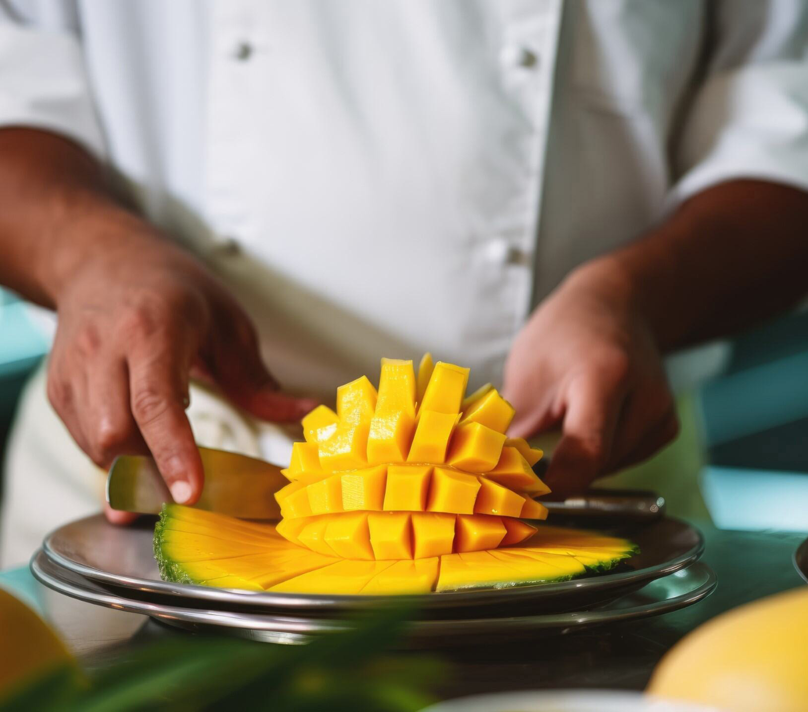 Ein Koch der im Hintergrund steht hat eine Mango in kleine Teile geschnitten