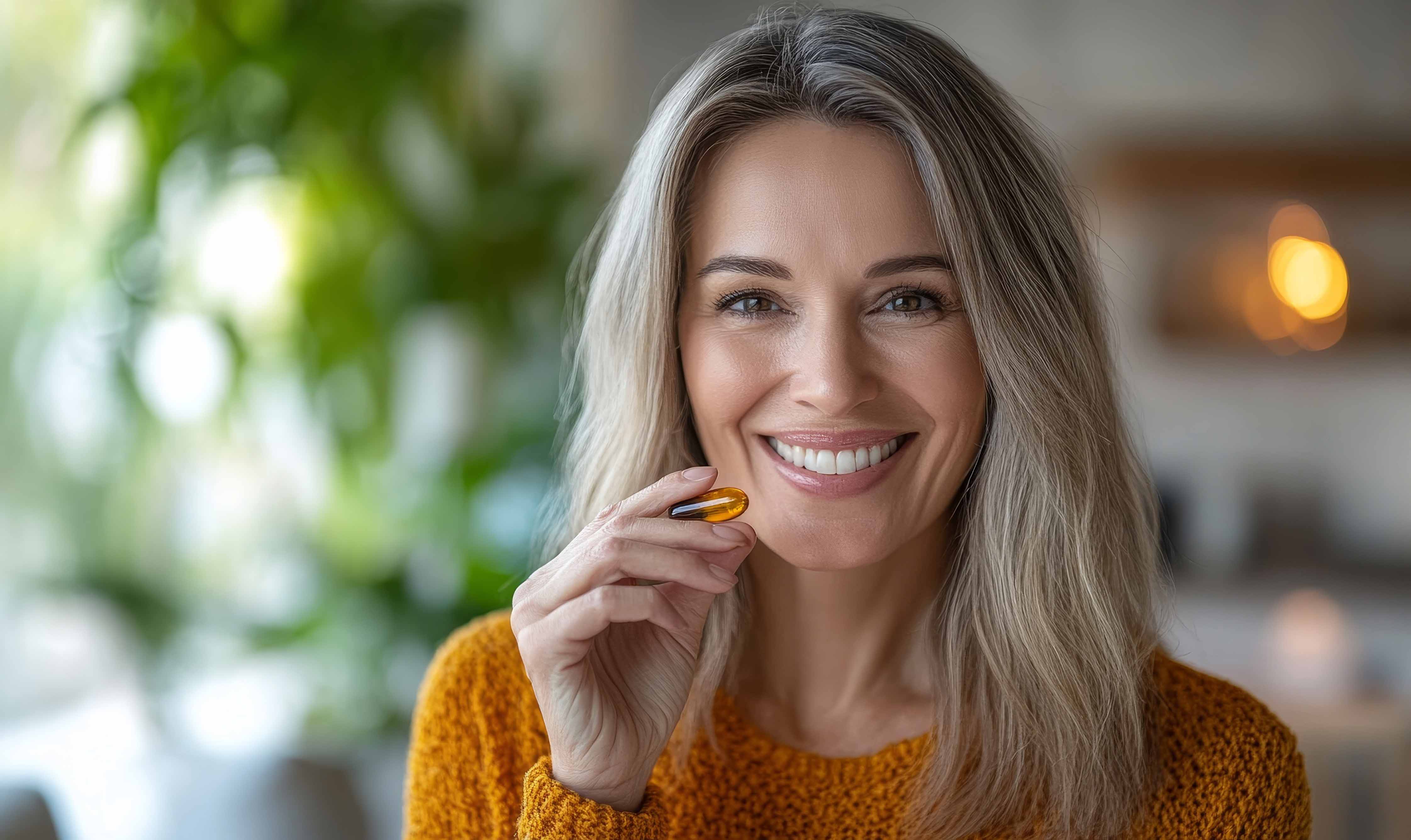 Eine Frau im orangefarbenen Pullover hält eine Kapsel in der Hand