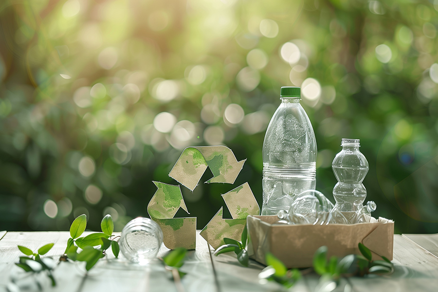 Plastic bottles on a table, in the background a fuzzy rainforest